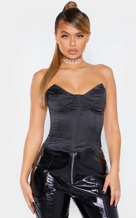 Black Satin Structured Bust Detail Corset Top