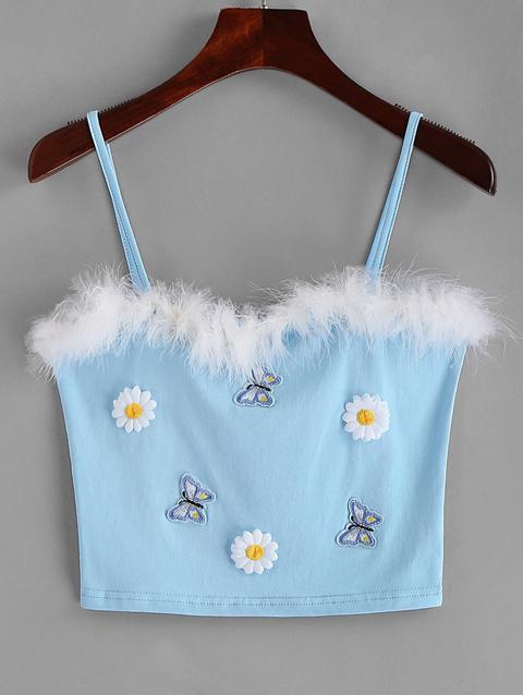 Top Peloso Cami Impreziosito Da Fiori Di Farfalle Day Sky Blue