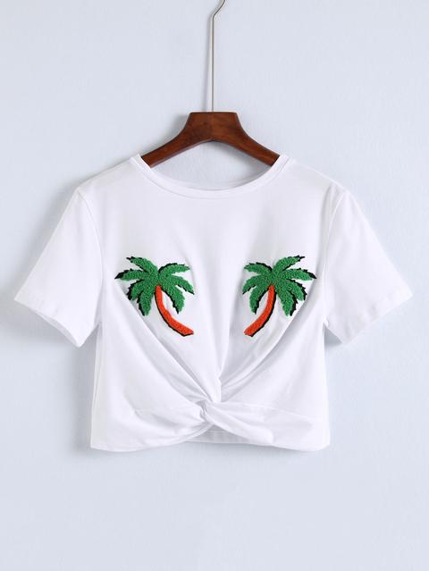 Palm Tree Pattern Knot Front Crop Tee