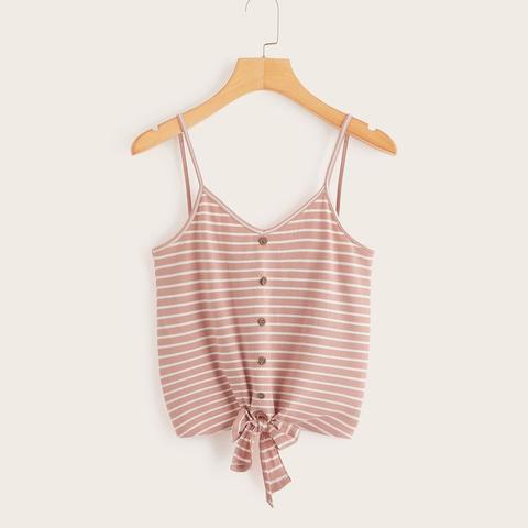 Buttoned Knot Hem Striped Cami Top