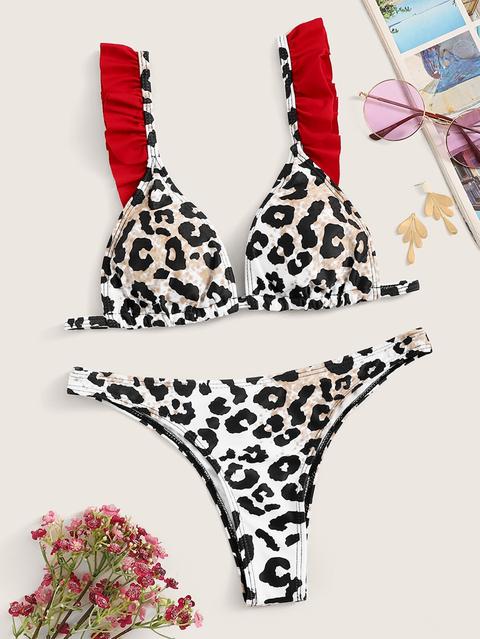 Bikini Tipo Triángulo Con Tira Con Volantes De Leopardo