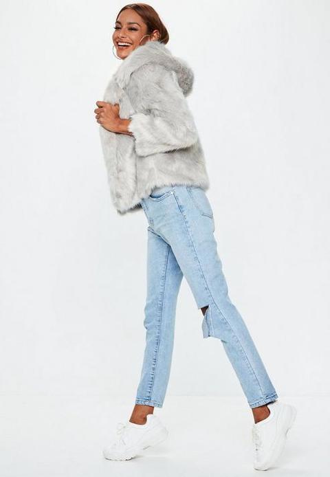 grey faux fur hooded coat