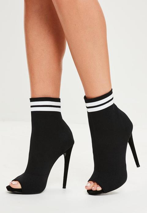 Black Peep Toe Sock Ankle Boots, Black 