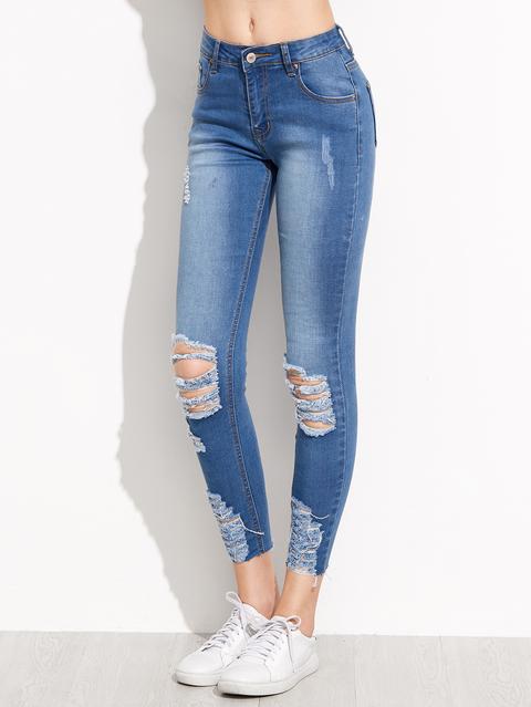 Blue Ripped Skinny Ankle Jeans