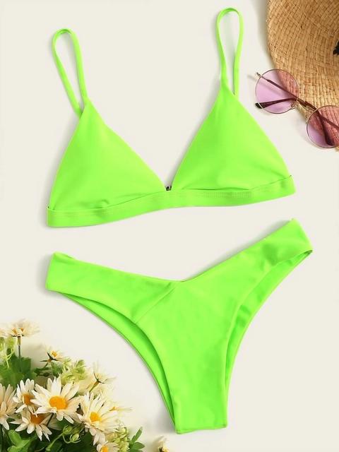 Set De Bikini Top Triángulo De Color Neón De Pierna Alta