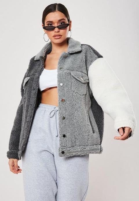 Grey Colourblock Teddy Borg Trucker Jacket, Grey