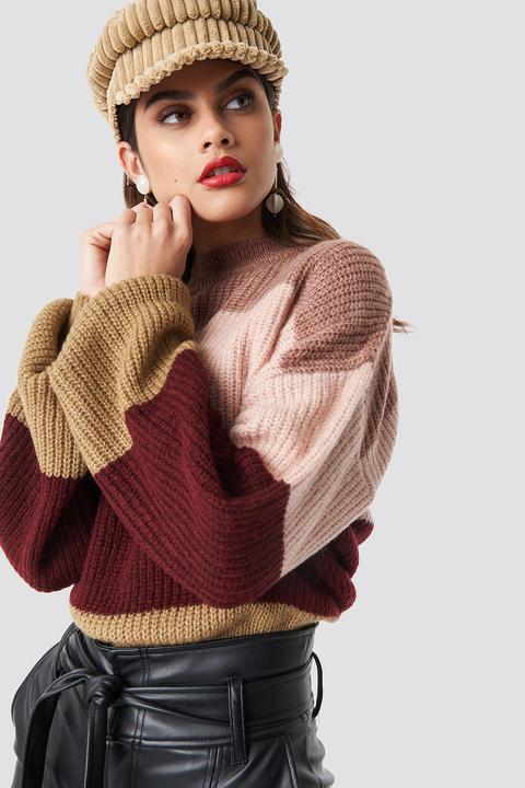 Color Striped Balloon Sleeve Knitted Sweater Mehrfarbig