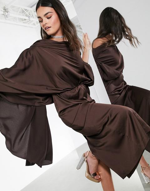 Vestido Midi De Satén Con Diseño Asimétrico En Color Chocolate De Asos Edition-marrón