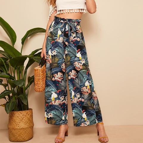 Pantalon Palazzo Imprimé Tropical Avec Ceinture