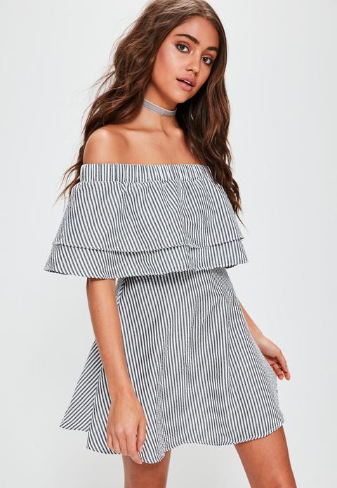Grey Stripe Ruffle Layer Bardot Swing Dress, Grey
