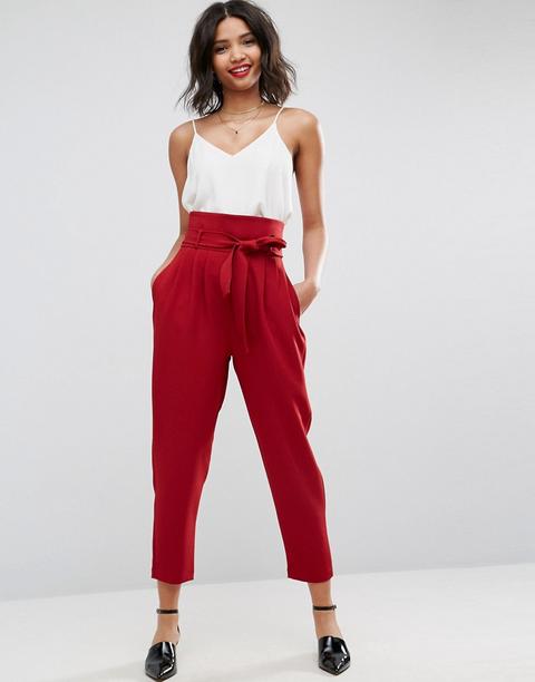 Asos - Pantaloni Sartoriali A Palloncino Stretti In Fondo Con Vita Molto Alta E Cintura Da Allacciare - Rosso