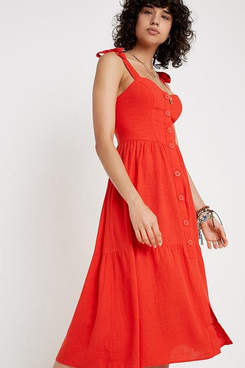 red button through midi dress