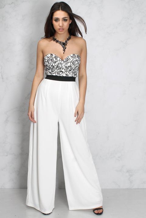 White And Black Wide Leg Flower Jumpsuit