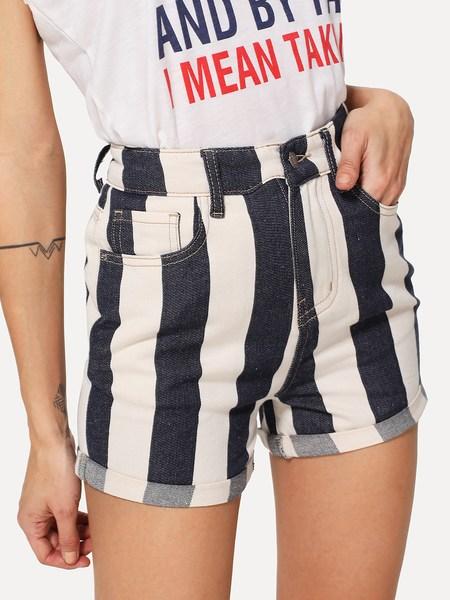 Shorts In Denim A Righe Con Risvolto