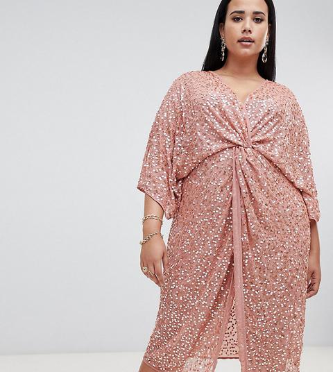 Asos Design Curve - Vestito Midi Stile Kimono Con Nodo Sul Davanti E Paillettes Sparse - Rosa