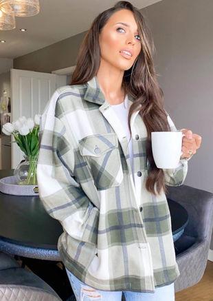 Oversized Brushed Checked Utility Shirt Jacket Green