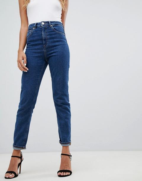 Asos Design Recycled - Farleigh - Mom Jeans Vita Alta Slim Blu Piatto - Blu