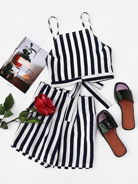 Vertical Striped Bow Tie Back Cami Top And Shorts Set