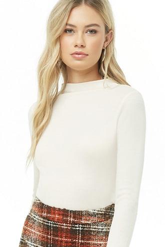 Forever 21 Waffle Knit Mock Neck Top Cream