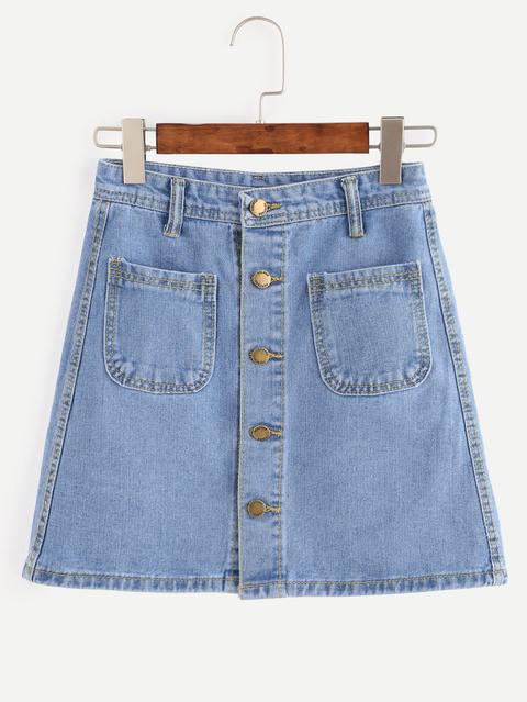 Blue Button Front Dual Pocket A Line Denim Skirt