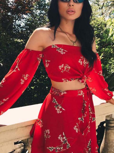 Sexy Ruffles Off Shoulder Two Piece Skirt Sets