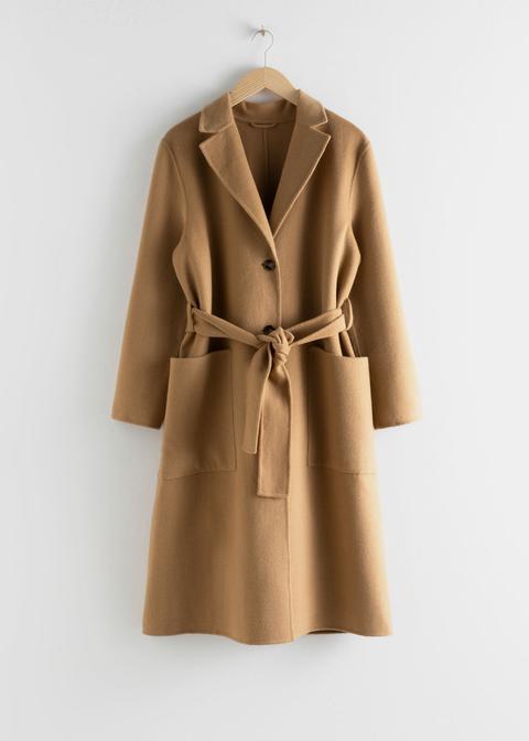 Wool Blend Belted Long Coat - Beige