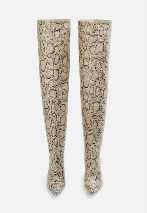 grey snake print over the knee boots