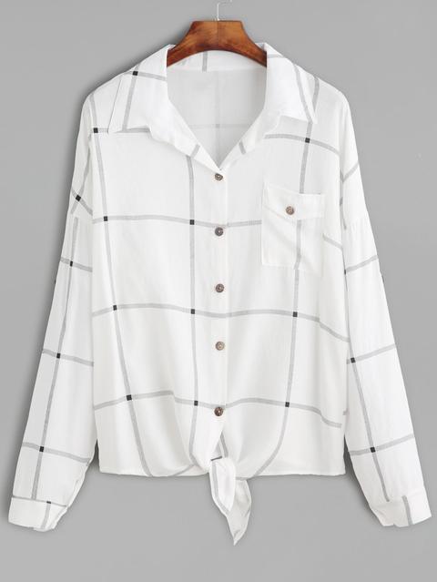 White Windowpane Plaid Drop Shoulder Knotted Hem Shirt