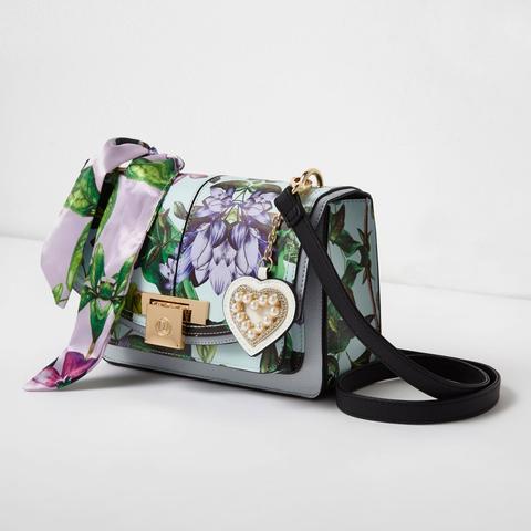 Blue Floral Print Lock Front Cross Body Bag