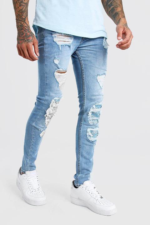 Mens Blue Super Skinny Bandana Biker Rip And Repair Jeans, Blue