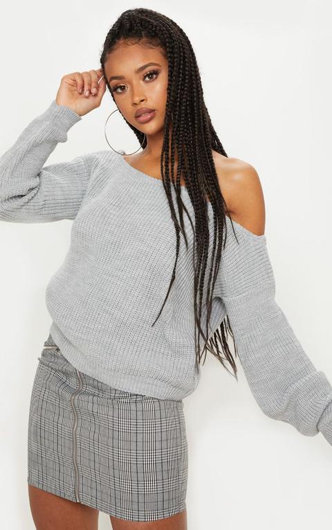 Grey Off The Shoulder Crop Jumper