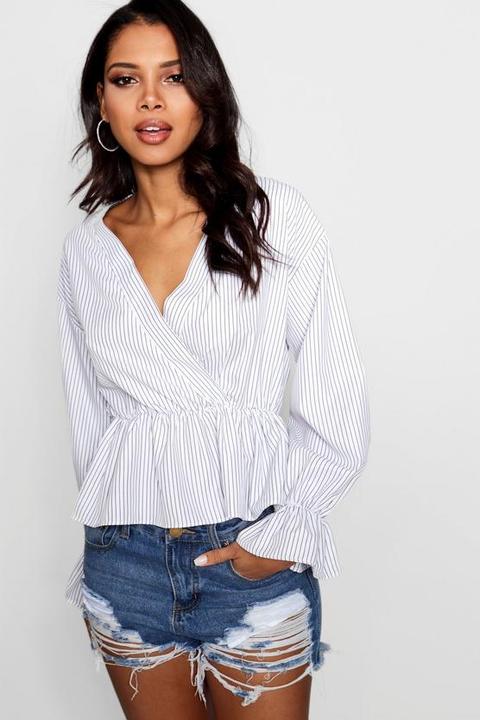 Woven Stripe Wrap Blouse