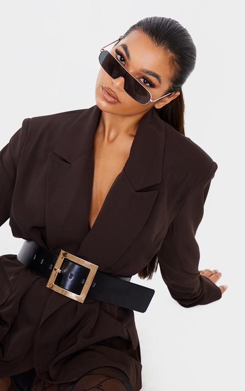 Ceinture Oversize En Similicuir Noir À Boucle Chunky Dorée, Noir