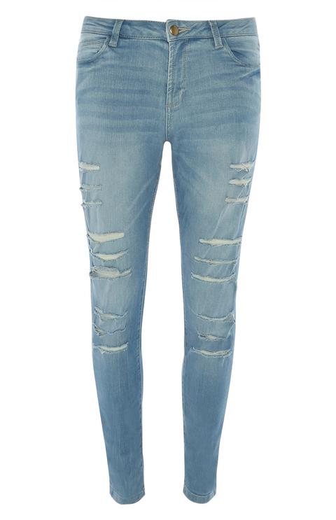 Mid Blue Mid Rise Ripped Skinny Jean