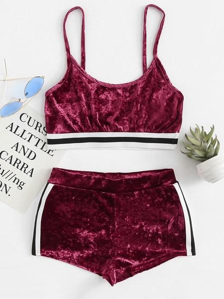 Velvet Stripe Trim Crop Cami Top With Shorts