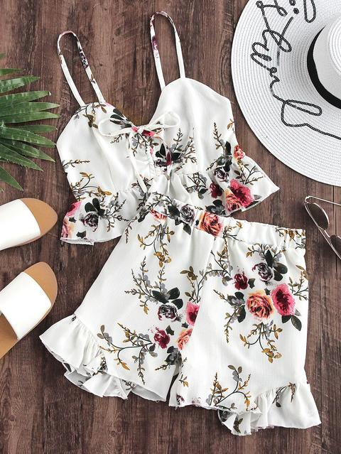 Floral Print Random Frill Hem Self-tie Crop Top With Shorts