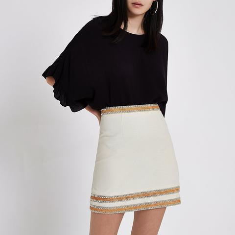 Cream Silver Tone Trim Mini Skirt