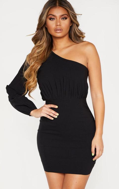 Black Woven One Shoulder Puff Sleeve Bodycon Dress