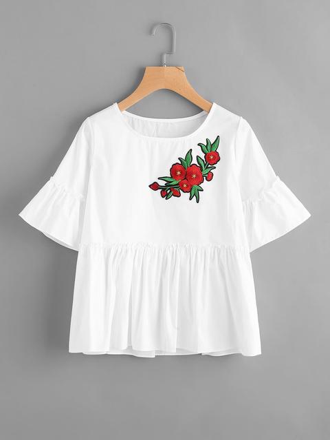 Flute Sleeve Floral Embroidered Patch Frill Hem Blouse