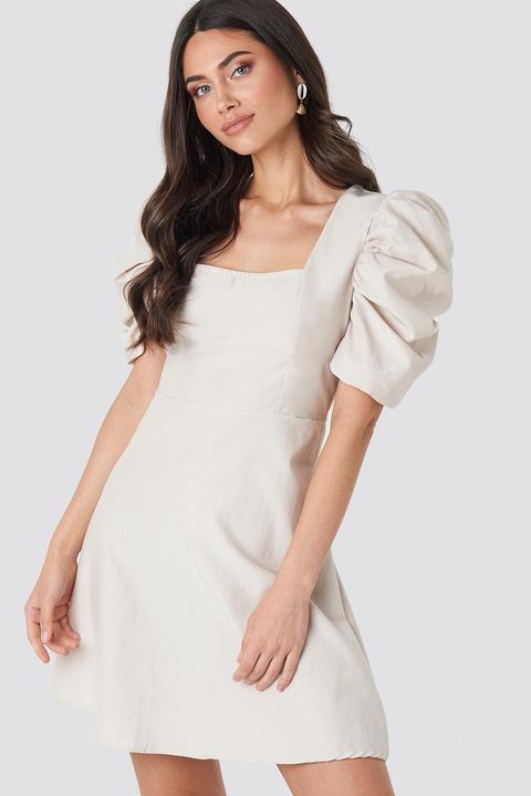 Square Neckline Puff Sleeve Mini Dress Beige