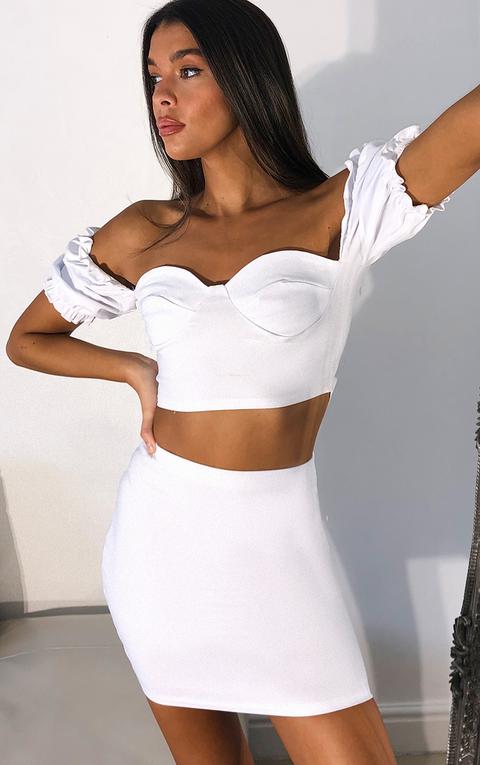 White Woven Puff Sleeve Cup Detail Crop Top