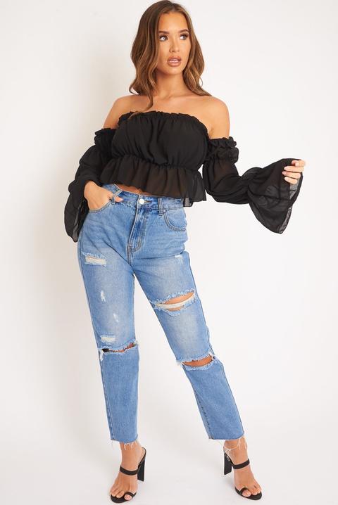 Black Mesh Gypsy Style Bardot Crop Top - Ammie