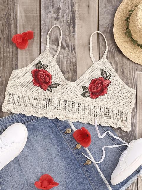 Patch Detail Scallop Hem Hollow Out Crochet Bralette