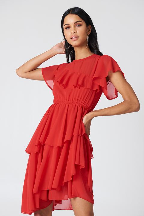 Asymmetric Flounce Dress Red