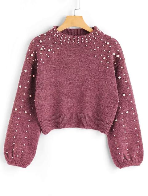 Faux Pearl Mock Neck Sweater