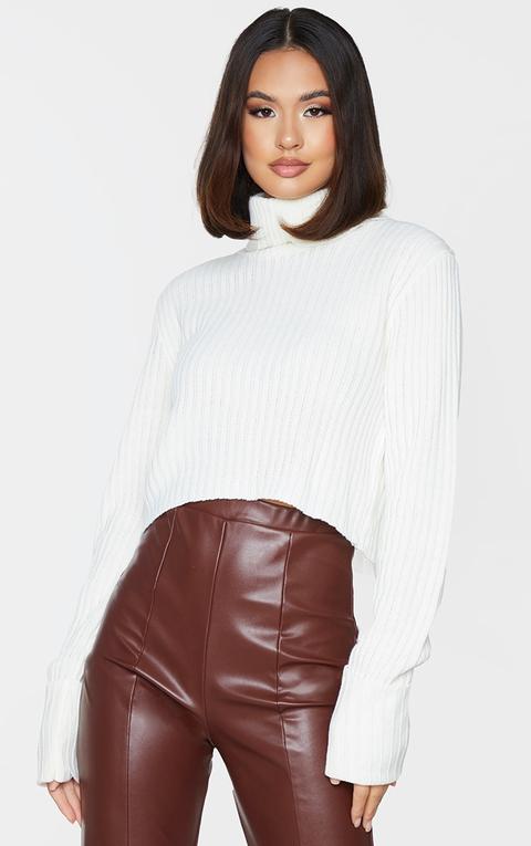 Cream Roll Neck Turn Back Sleeve Cropped Jumper