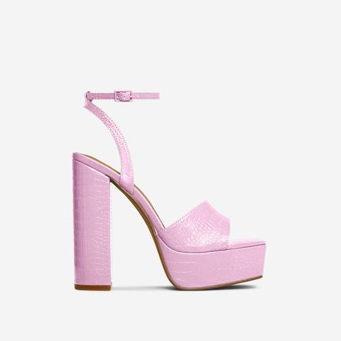 Jenner Barely There Square Toe Platform Block Heel In Pink Croc Print Patent, Pink