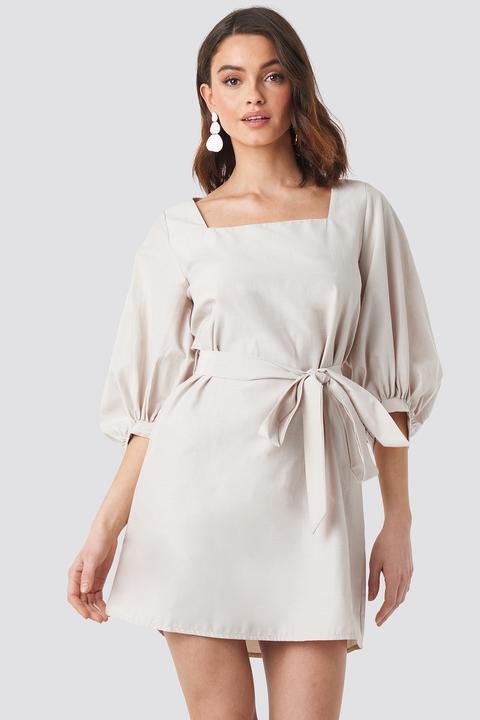 Puff Sleeve Square Neck Tie Dress Beige