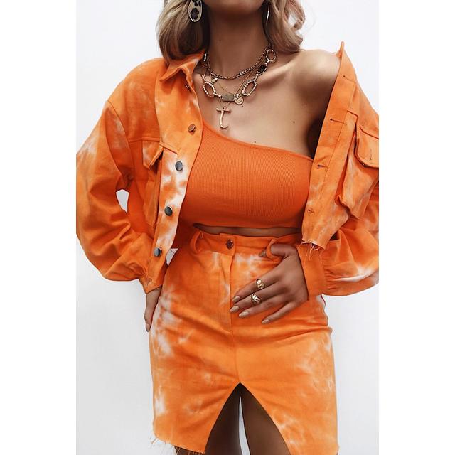 orange denim jacket and skirt