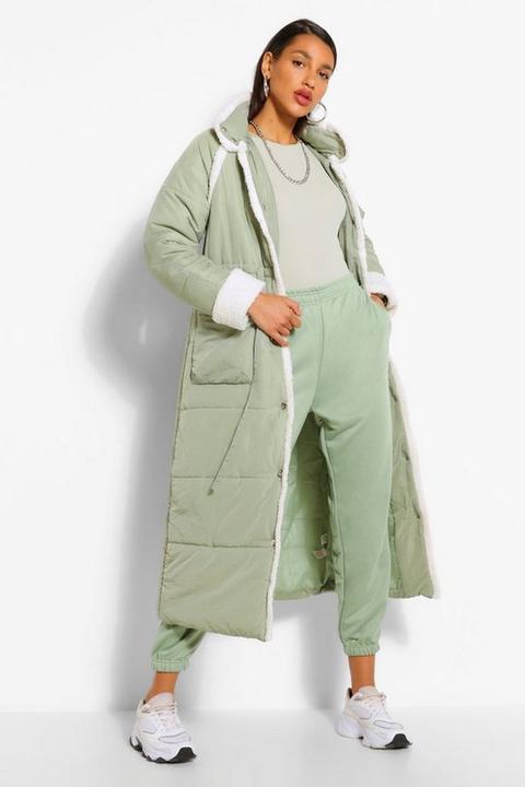 Womens Tall Padded Contrast Faux Fur Trim Longline Coat - Green - 10, Green